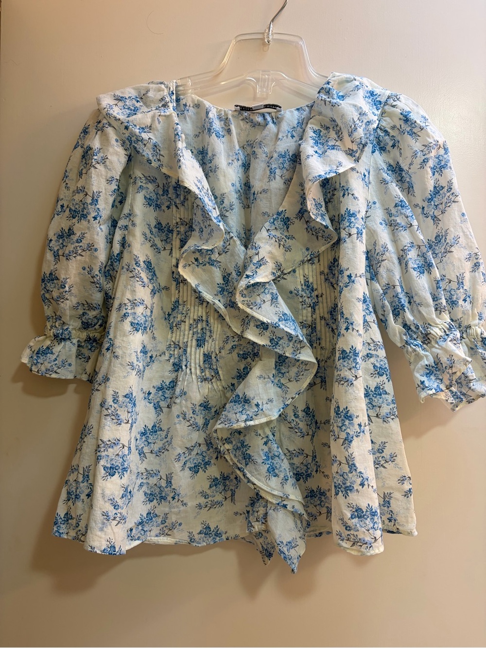 Blue Floral Ruffle Top  - White & Blue